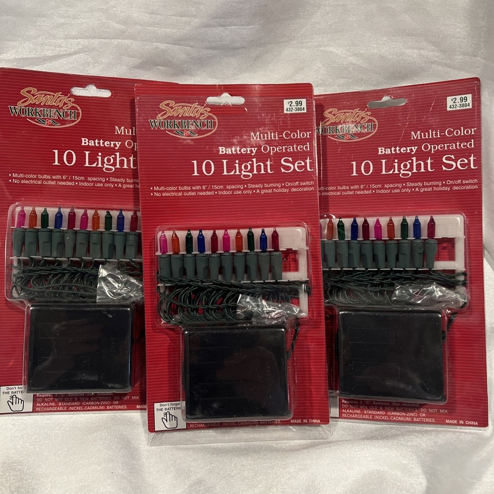 Vintage New 3ct- Santa's Workbench Battery Operated 10 Light Set multi Color‎